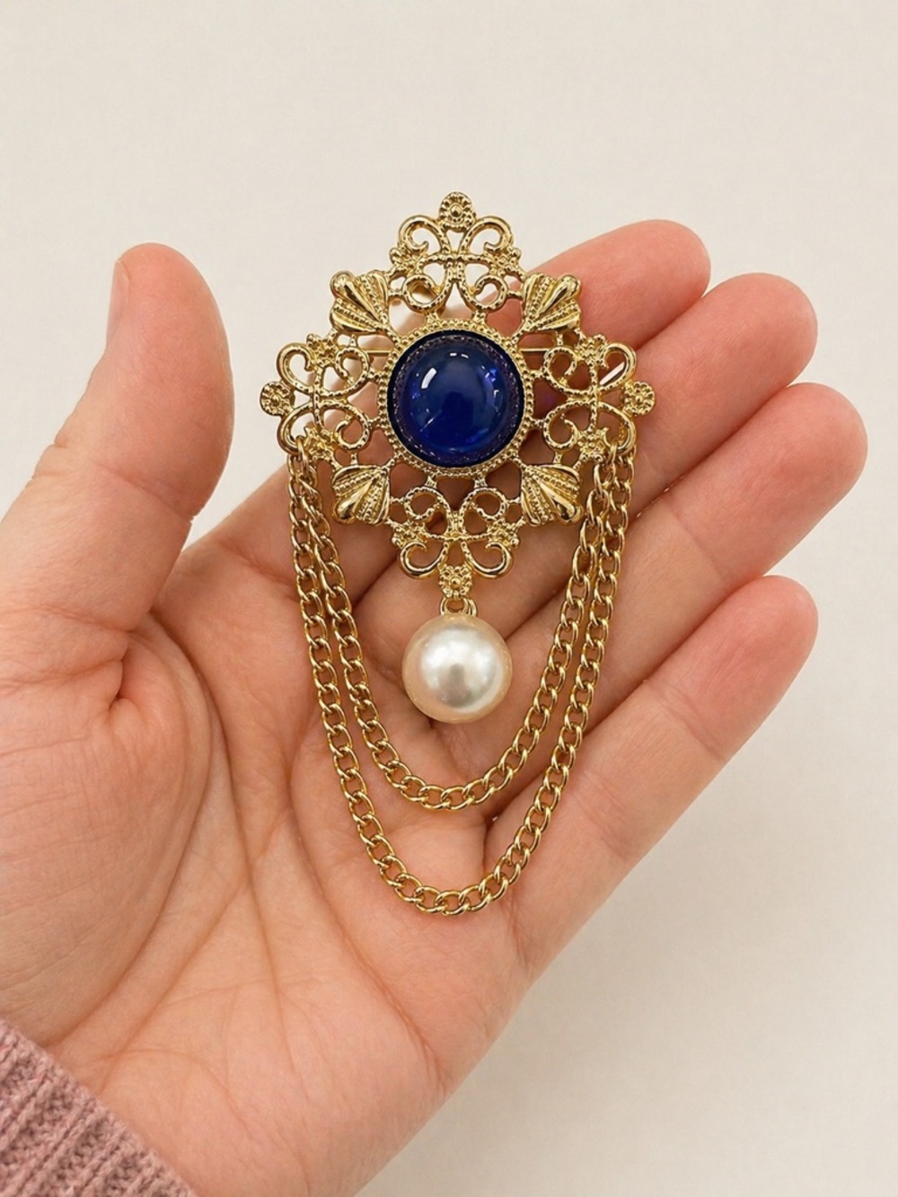 Vintage Style Gold Tone Filigree Blue Cabochon Faux Pearl Dangle Chain Brooch - Picture 3 of 6